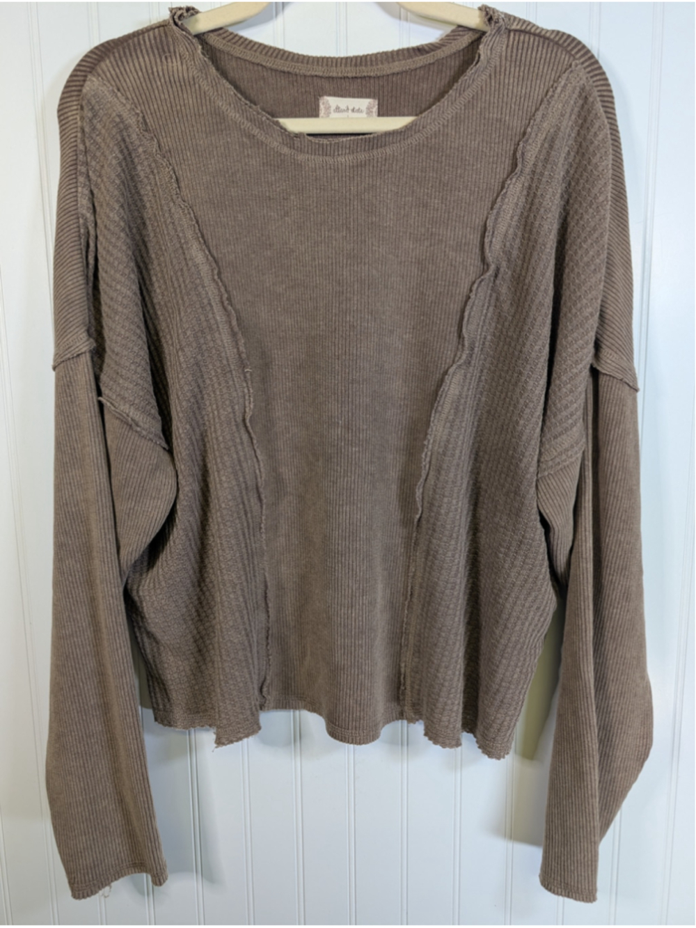 Altar'd State Waffle Knit Patchwork Top Brown Ribbed Distressed Seam Large